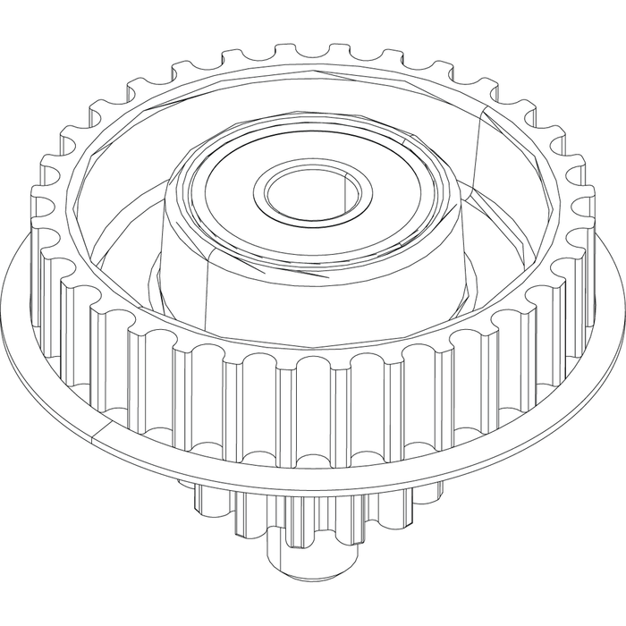 Line drawing of a mechanical gear assembly showing detailed teeth and central bearing, representing the Lowrance Ghost Idler Gear Kit PN:000-15263-001 used for fishing tackle maintenance.