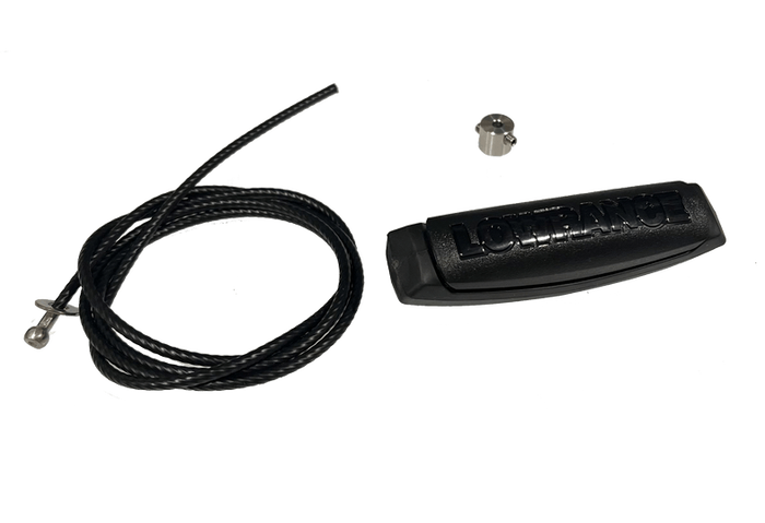 Lowrance Ghost Pull Cable Kit 000-15280-002 featuring a black pull cable with connectors, a black plastic housing with Lowrance logo, and a small metal attachment piece for fishing electronics.