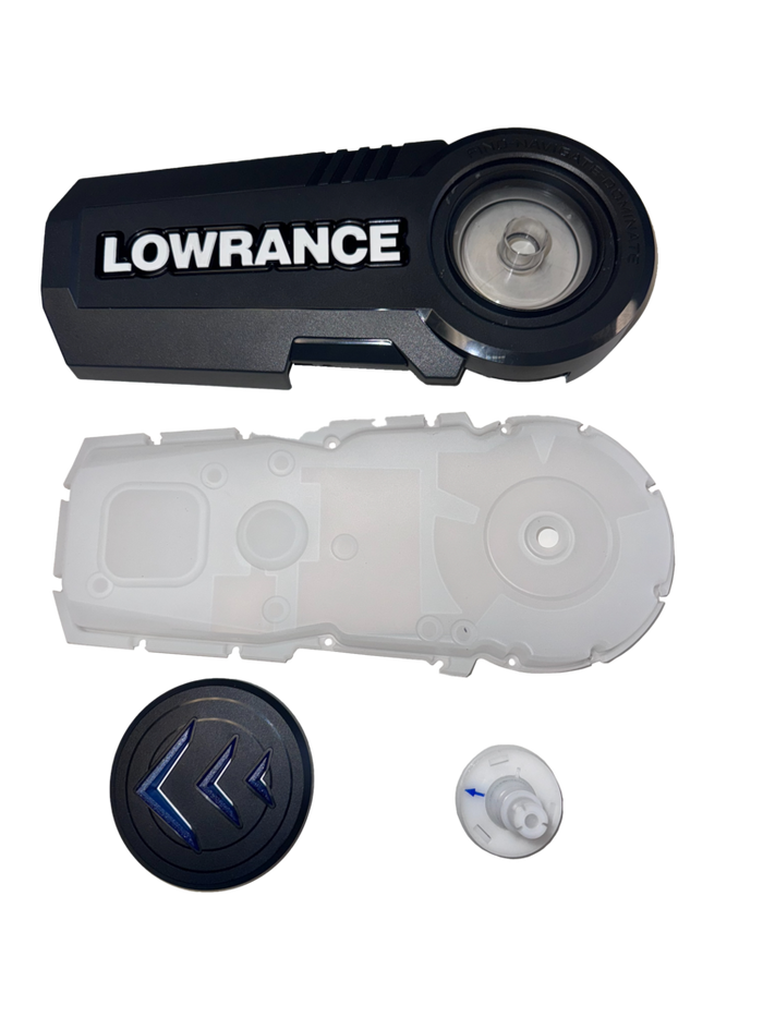 Lowrance Ghost X indicator Upgrade Kit PN:000-16508-001 featuring a black and clear plastic housing with circular components designed for fishing electronics and tackle integration.