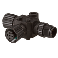 Lowrance Nema 2000 T Connector PN:000-0119-79, black marine electronic cable connector with three threaded ports for secure fishing tackle and marine electronics connections.