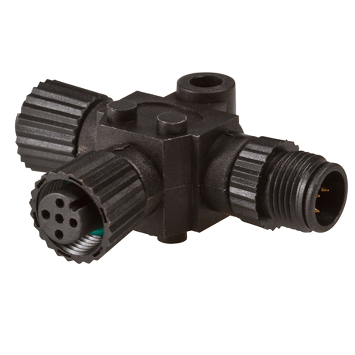 Lowrance Nema 2000 T Connector PN:000-0119-79, black marine electronic cable connector with three threaded ports for secure fishing tackle and marine electronics connections.