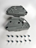 Two gray molded plastic mounting cradle pieces labeled P and S with multiple holes and geometric patterns, accompanied by twelve small metal screws, shown for Lowrance Recon Mount Cradle Kit Saltwater PN:000-16396-001.