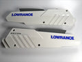 Lowrance Recon Sideplate Kit Saltwater PN:000-16390-001 featuring two white sideplates with blue Lowrance branding, designed for marine electronics and fishing tackle customization.