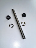 Lowrance Recon Transmission Tilt Pin Kit PN: 000-16387-001 featuring a polished metal tilt pin, two black plastic bushings, and two small metal retaining clips arranged on a white surface.