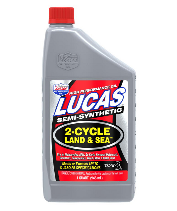 Bottle of Lucas Land & Sea 2-Cycle Oil, a semi-synthetic high performance oil designed for use in motorcycles, ATVs, go-karts, personal watercraft, and other outdoor power equipment.