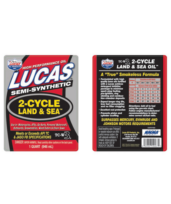 Front and back label of Lucas Land & Sea 2-Cycle Oil bottle, a semi-synthetic high performance oil designed for motorcycles, ATVs, personal watercraft, and fishing tackle engines.