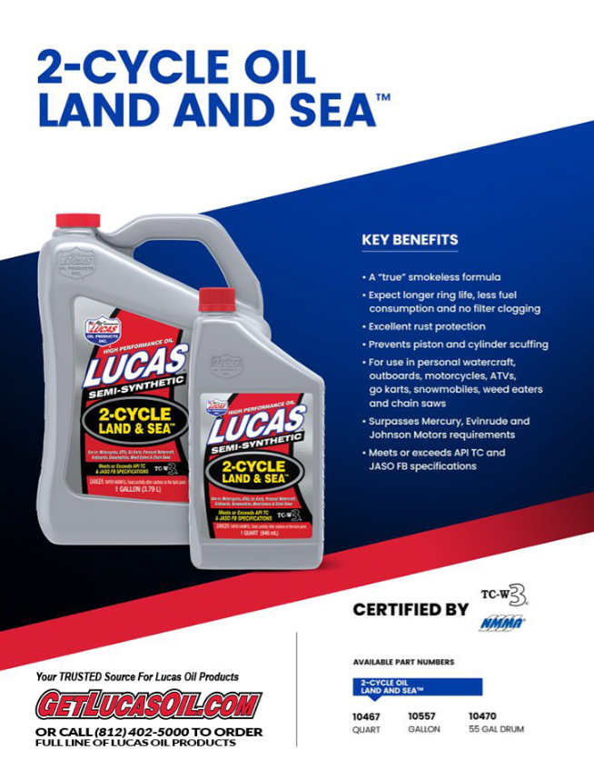 Two containers of Lucas Land & Sea 2-Cycle Oil in gallon and quart sizes displayed with product benefits including smokeless formula, rust protection, and suitability for marine engines.