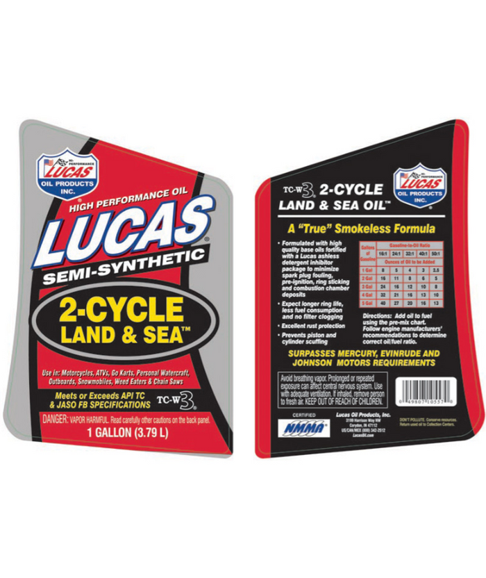 Lucas Land & Sea 2-Cycle Oil semi-synthetic high performance oil container label, designed for motorcycles, ATVs, go-karts, marine engines, and outdoor power equipment.