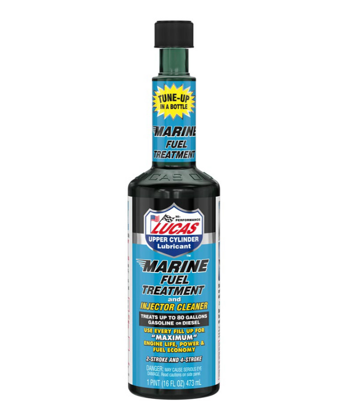 Bottle of Lucas Marine Fuel Treatment 10150 with black cap and blue label detailing fuel treatment and injector cleaner for marine engines and fishing tackle.