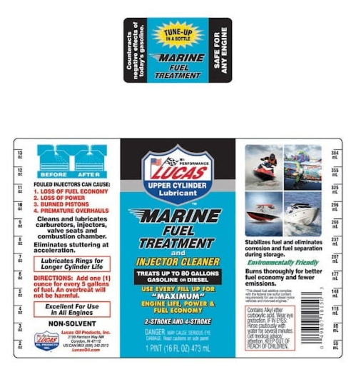 Lucas Marine Fuel Treatment 10150 label detailing fuel injector cleaner and lubricator for marine engines, highlighting benefits for engine life, power, and fuel economy.