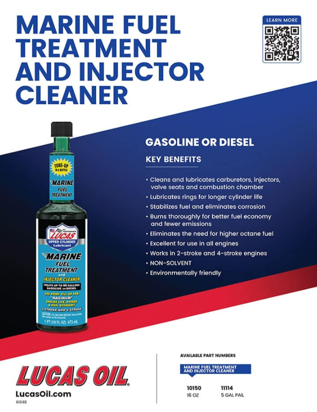 Bottle of Lucas Marine Fuel Treatment 10150 displayed with text highlighting benefits like cleaning and lubricating marine engines, improving fuel economy, and suitable for gasoline or diesel use.