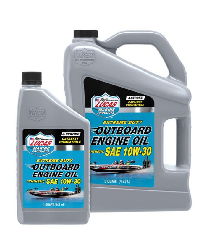 Two gray containers of Lucas Outboard Engine Oil Synthetic SAE 10W-30, including a smaller one-quart bottle and a larger five-quart jug, featuring marine product labeling and a boat image.