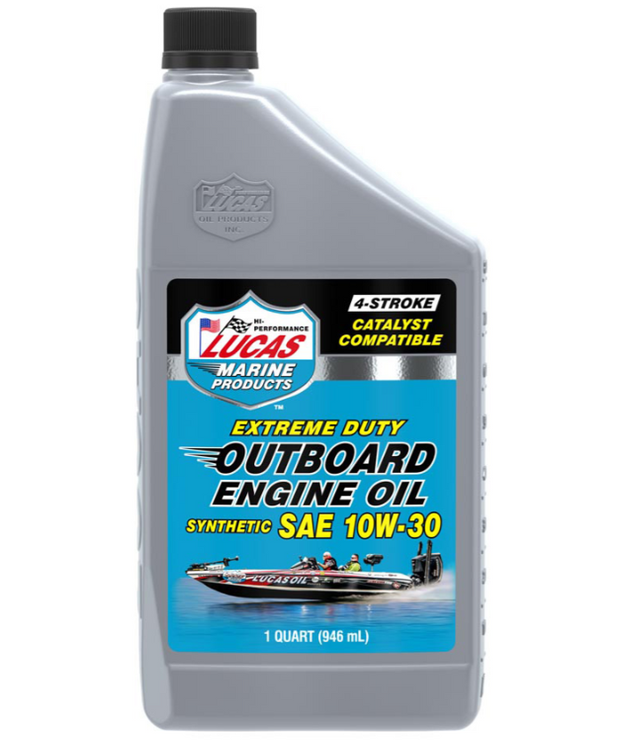 Lucas Outboard Engine Oil Synthetic SAE 10W-30 in a gray plastic quart container with a black cap, labeled for extreme duty 4-stroke marine engines, showing a boat on water.