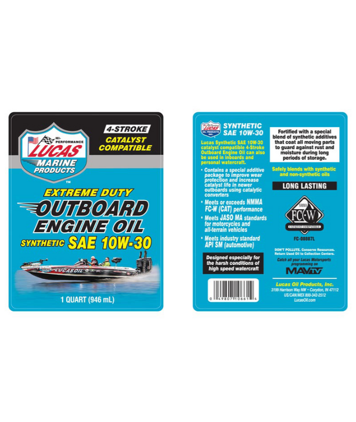 Front and back labels of a 1-quart container of Lucas Outboard Engine Oil Synthetic SAE 10W-30, showing product details and features for marine outboard engines.