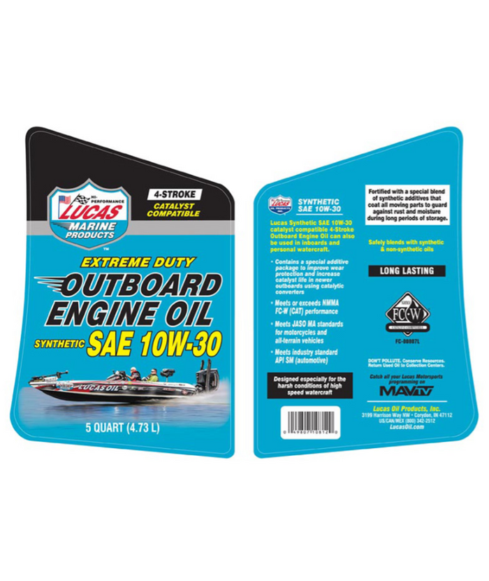 Container label for Lucas Outboard Engine Oil Synthetic SAE 10W-30, designed for 4-stroke outboard motors, featuring extreme duty protection with catalyst compatibility and long-lasting synthetic blend.