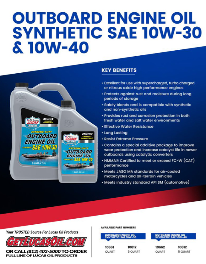 Two containers of Lucas Outboard Engine Oil Synthetic SAE 10W-30 displayed side by side with blue and white labels highlighting key benefits for high-performance marine engines and corrosion protection.