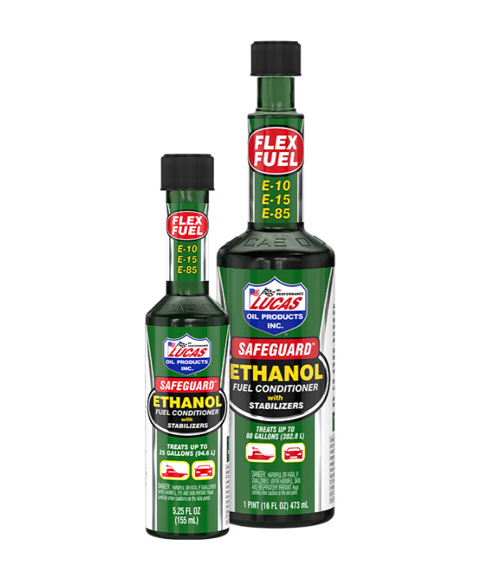 Two green bottles of Lucas Safeguard Ethanol Fuel Conditioner with black caps, featuring labels highlighting E-10, E-15, and E-85 compatibility and fuel stabilizers for improved engine performance.