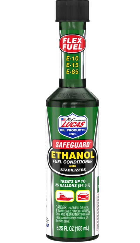 Bottle of Lucas Safeguard Ethanol Fuel Conditioner designed for flex fuel engines with E-10, E-15, and E-85 blends, containing stabilizers and treating up to 25 gallons.