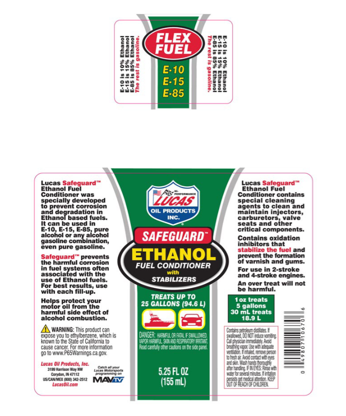 Bottle label for Lucas Safeguard Ethanol Fuel Conditioner showing usage instructions, warnings, and product benefits, emphasizing protection against corrosion and fuel system damage in various engines.