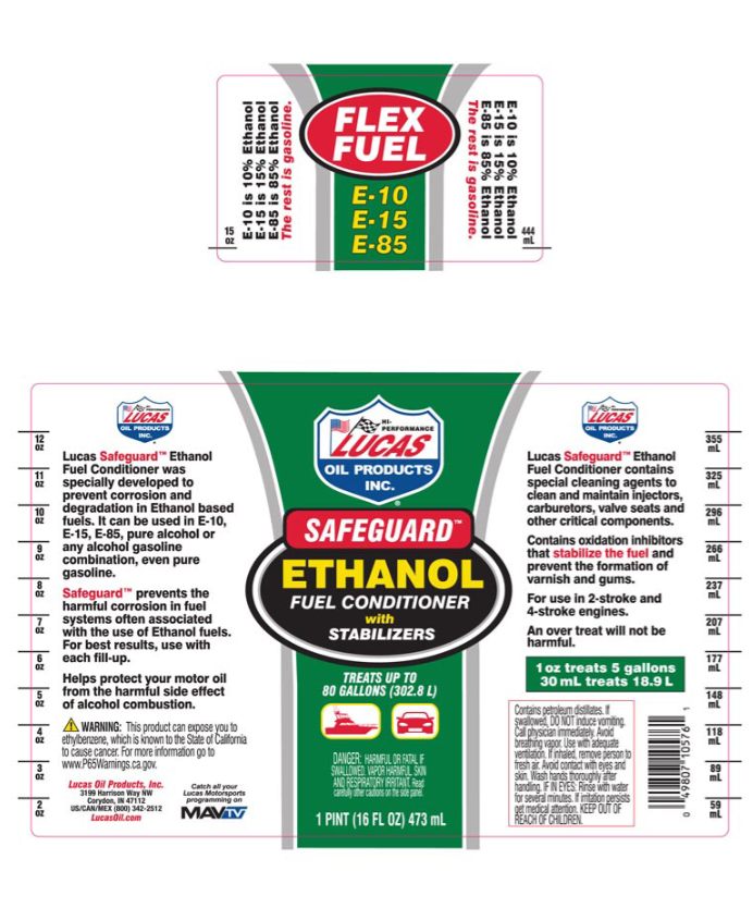 Bottle label for Lucas Safeguard Ethanol Fuel Conditioner showing detailed product information, usage instructions, and safety warnings, designed for treating ethanol-blended fuels and stabilizing fuel systems.