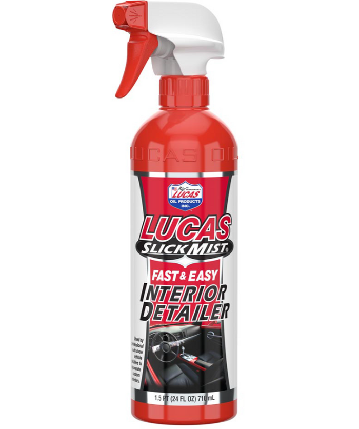 Lucas Slick Mist Interior Detailer 24oz. 10514 in a red and white spray bottle designed for fast and easy cleaning of vehicle interiors, featuring a trigger spray nozzle and detailed product label.