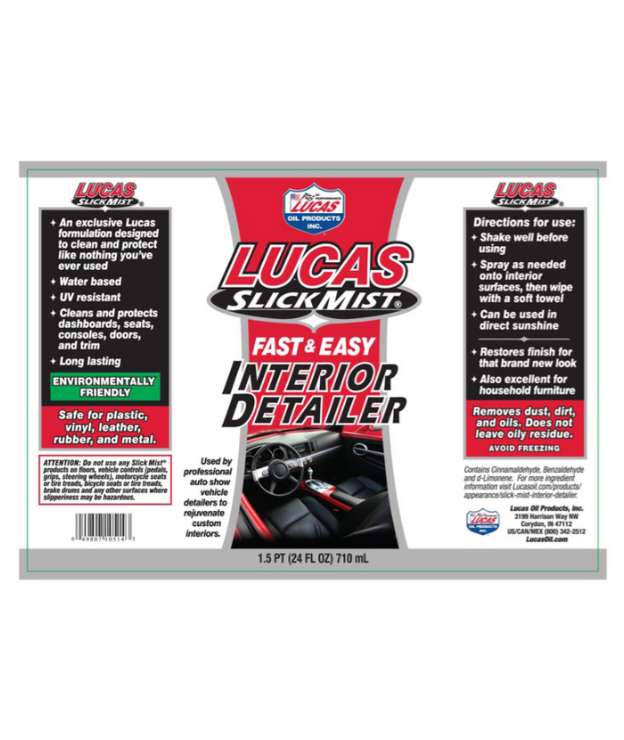 Lucas Slick Mist Interior Detailer 24oz. 10514 label showing product benefits including water-based, UV resistant, environmentally friendly formula that cleans and protects vehicle interiors and household surfaces.