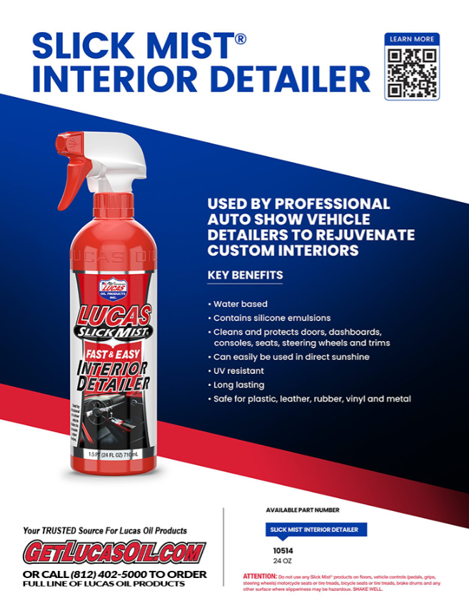 Lucas Slick Mist Interior Detailer 24oz. 10514 spray bottle with red trigger, shown with product benefits including cleaning and protecting car interiors, safe for multiple surfaces, and UV resistant.