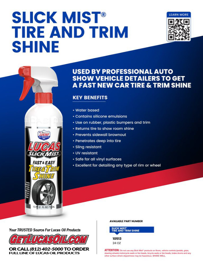 Bottle of Lucas Slick Mist Tire and Trim Shine 24oz. 10513 with a red and white spray nozzle, labeled for automotive tire and trim shine, highlighting key features and usage instructions.