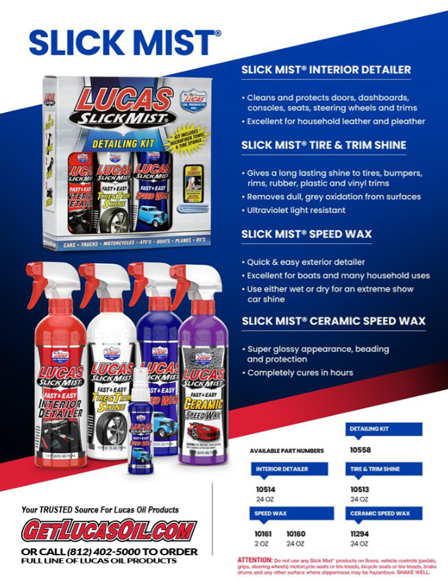 Lucas Slick Mist Tire and Trim Shine 24oz. 10513 bottle in red spray container designed to clean and add long-lasting shine to tires, bumpers, rims, and vinyl trims, shown with other detailing products.