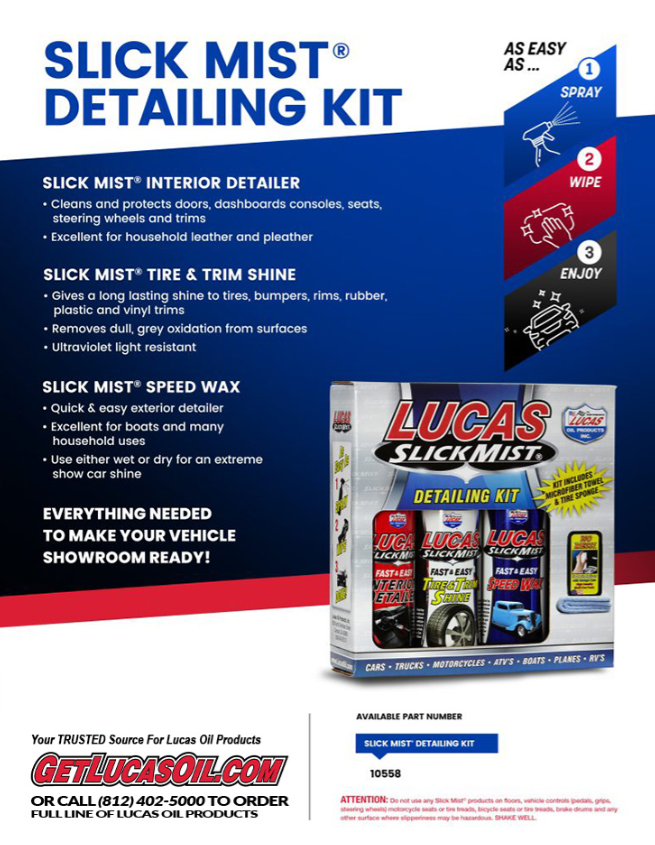 Image of Lucas Slick Mist Detailing Kit packaging highlighting Lucas Slick Mist Tire and Trim Shine 24oz. 10513, promoting tire shine that removes dull oxidation and protects rubber, plastic, and vinyl trims with UV resistance.