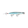 Lucky Craft Gunfish 117 lure with a sleek, elongated body in silver and blue hues, featuring three treble hooks and a feathered tail for fishing tackle enthusiasts.