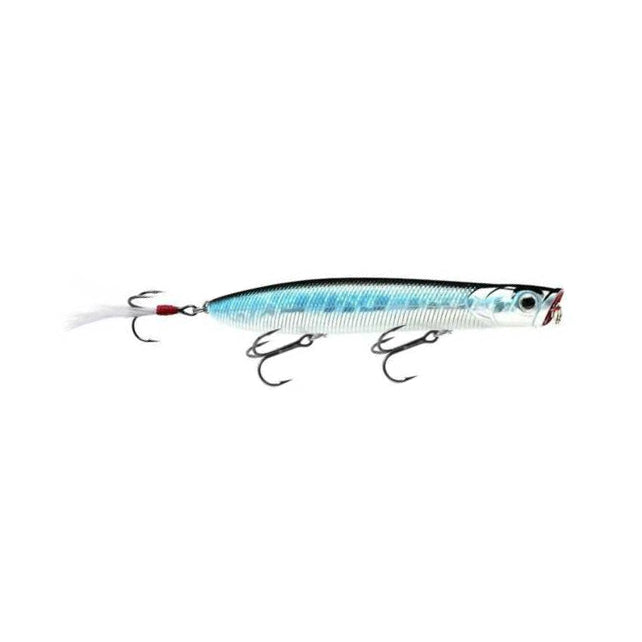 Lucky Craft Gunfish 117 lure with a sleek, elongated body in silver and blue hues, featuring three treble hooks and a feathered tail for fishing tackle enthusiasts.