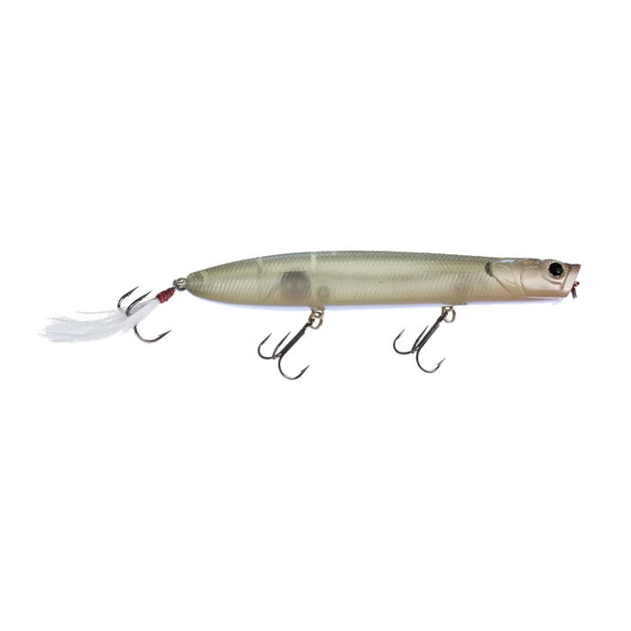 Lucky Craft Gunfish 117 fishing lure with a translucent striped shad pattern, equipped with three treble hooks and a feathered tail hook for musky and fly fishing tackle.