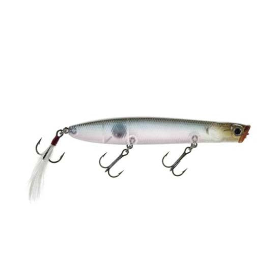 Lucky Craft Gunfish 117 fishing lure with a slender, fish-shaped body in silver and blue tones, featuring three treble hooks and a feathered tail hook for effective fishing tackle.