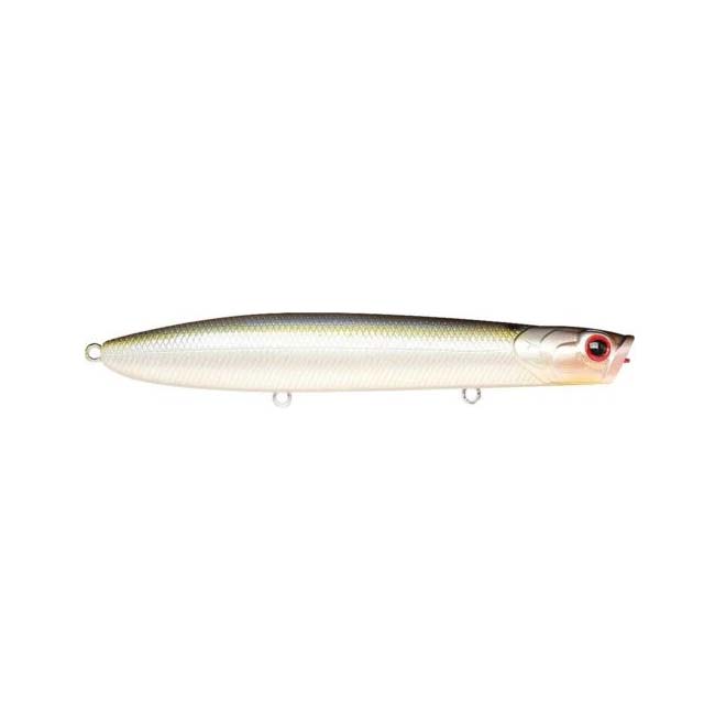 Lucky Craft Gunfish 117 fishing lure in a sleek silver and white design with red detailed eyes and multiple attachment points for fishing tackle.