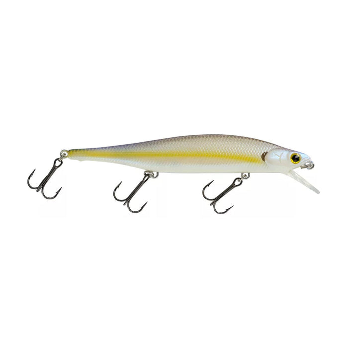 Lucky Craft Lightning Pointer 110SP fishing lure with a slender, minnow-shaped body, translucent light gray and yellow coloring, detailed eyes, and three sharp treble hooks.