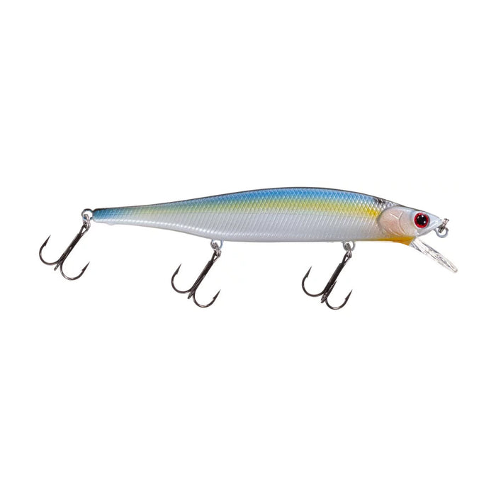 Lucky Craft Lightning Pointer 110SP fishing lure with a slender, detailed body in blue, silver, and yellow hues, featuring three sharp treble hooks for effective fishing tackle.