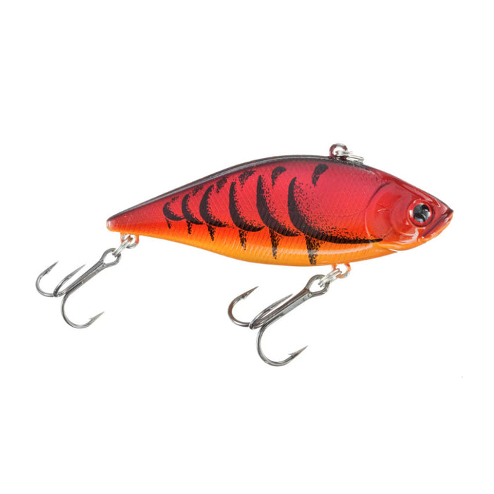 Lucky Craft LV-500 Lipless Crankbait in red and orange with black scale pattern, featuring two sharp treble hooks designed for fishing tackle and lure enthusiasts.
