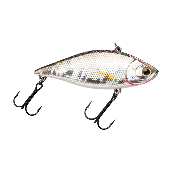 Lucky Craft LV-500 Lipless Crankbait fishing lure with a shiny, reflective golden and silver finish, detailed fish scale pattern, and two sharp treble hooks for effective fishing tackle.