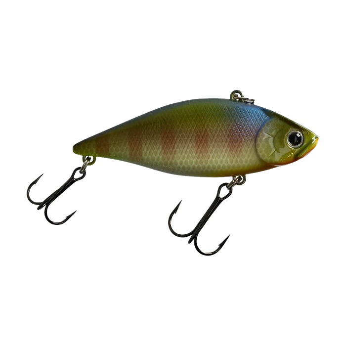 Lucky Craft LV-500 Lipless Crankbait in green and brown hues with realistic scale texture, equipped with two sharp treble hooks for fishing tackle.