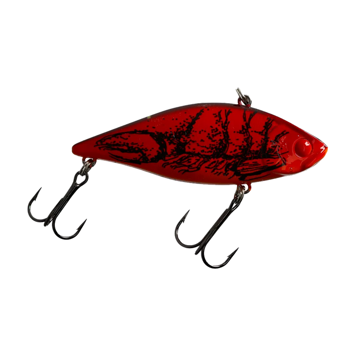 Lucky Craft LV-500 Lipless Crankbait in red with black shrimp pattern, equipped with two treble hooks, designed for effective fishing tackle use.