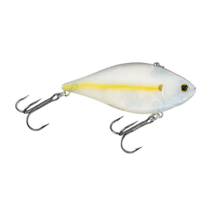Lucky Craft LV-500 Lipless Crankbait fishing lure with a translucent body featuring a yellow stripe, detailed eye, and two treble hooks for effective fishing tackle.