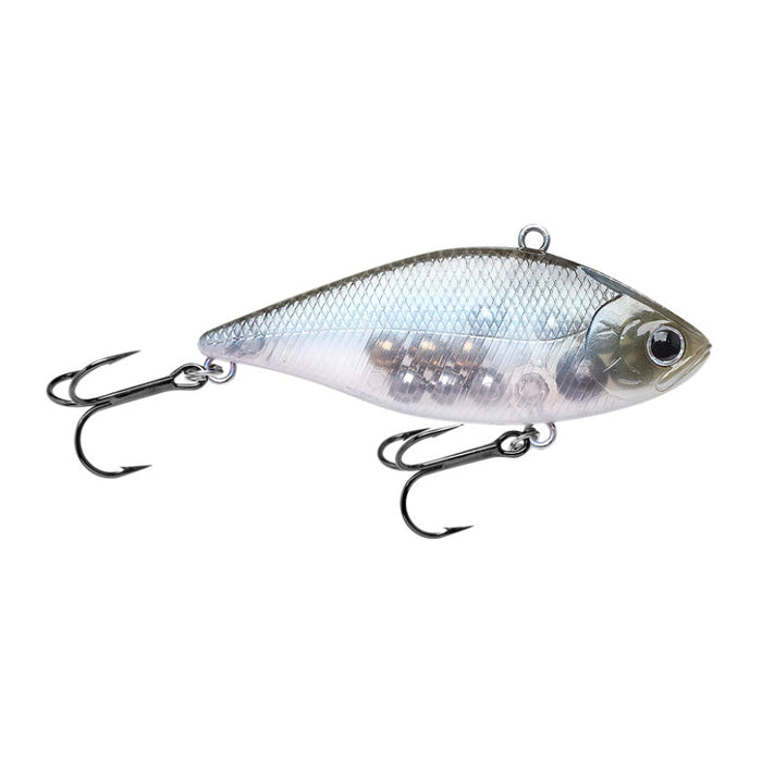 Lucky Craft LV-500 Lipless Crankbait fishing lure with realistic fish scale pattern, two sharp treble hooks, and clear body design for effective freshwater fishing tackle.