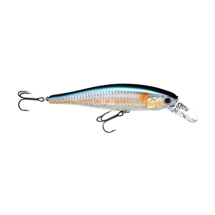 Lucky Craft Pointer 100SP Jerkbait fishing lure with realistic blue, silver, and orange finish, equipped with two sharp treble hooks for effective fishing tackle.