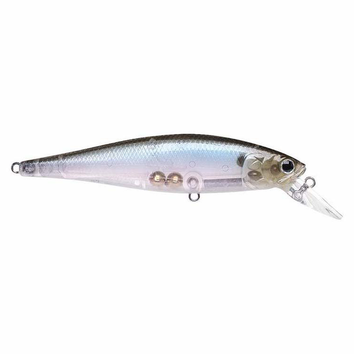 Lucky Craft Pointer 100SP Jerkbait fishing lure with a translucent body featuring internal weights and a reflective blue-silver finish designed for realistic movement in water.