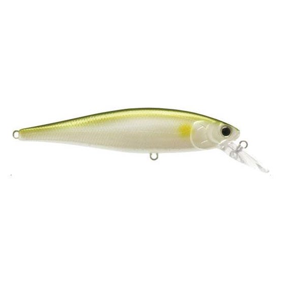 Lucky Craft Pointer 100SP Jerkbait in pearly green and cream colors, detailed with realistic fish eyes and a clear plastic diving lip for fishing lures.