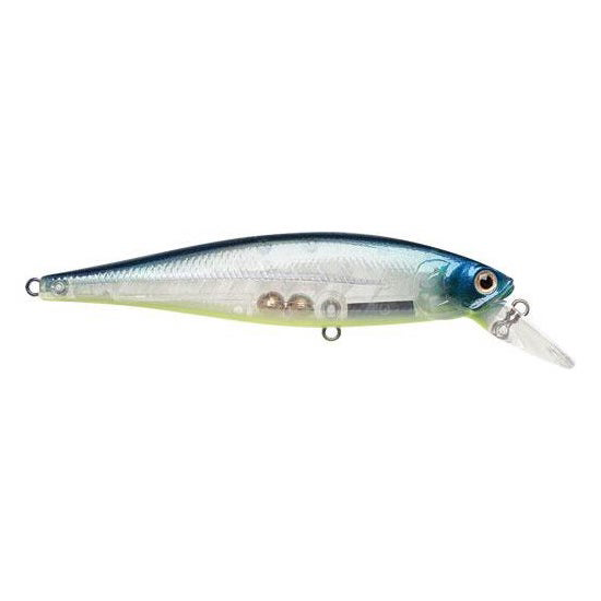 Lucky Craft Pointer 100SP Jerkbait fishing lure in blue and silver with a clear diving lip and internal weight beads, designed for precise movement in water.