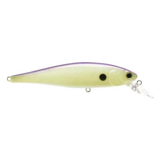 Lucky Craft Pointer 100SP Jerkbait fishing lure in pale yellow with a purple back and black spot, designed for precision casting and lifelike movement in water.