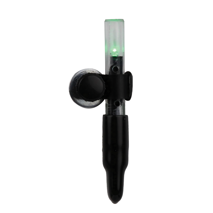 Lumenok Tip-Up Light compact black fishing light with a glowing green indicator and mounting clip for improved visibility on the ice