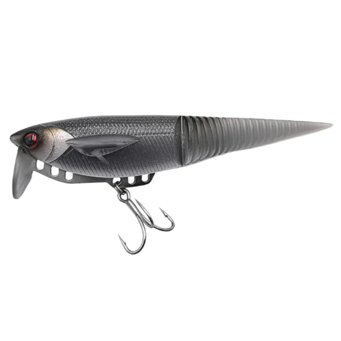 Madotachi Soft Hanitas 4 IN1.2 fishing lure in black and gray with segmented body, realistic fish eyes, fin details, and a sharp treble hook for musky fishing tackle.